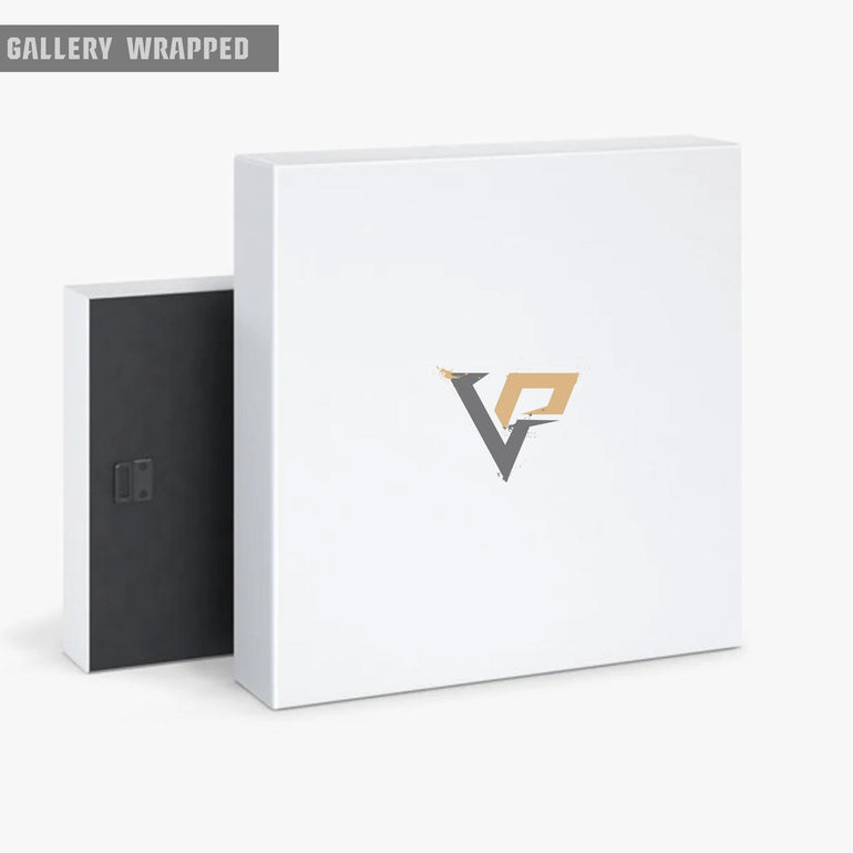 a white box with a black and gold logo