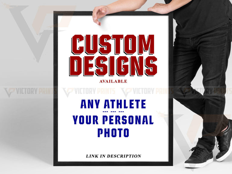 a man holding a sign that says custom designs available